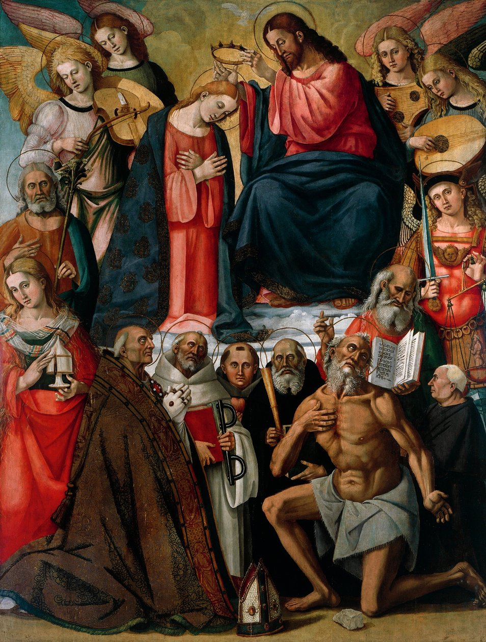 Kroning av jomfru med engler og hellige av Luca Signorelli (ca. 1445-1523) og hans assistenter, Collegiate Church of St Martin and Leonard, Foiano della Chiana, Arezzo av Luca Signorelli