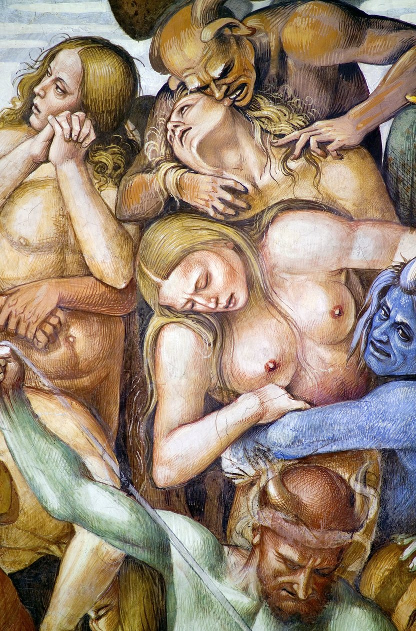 Forbannet i helvete, detalj med selvportrett av Luca Signorelli i skikkelse av en blå demon, fra freskosyklusen Last Judgment av Luca Signorelli