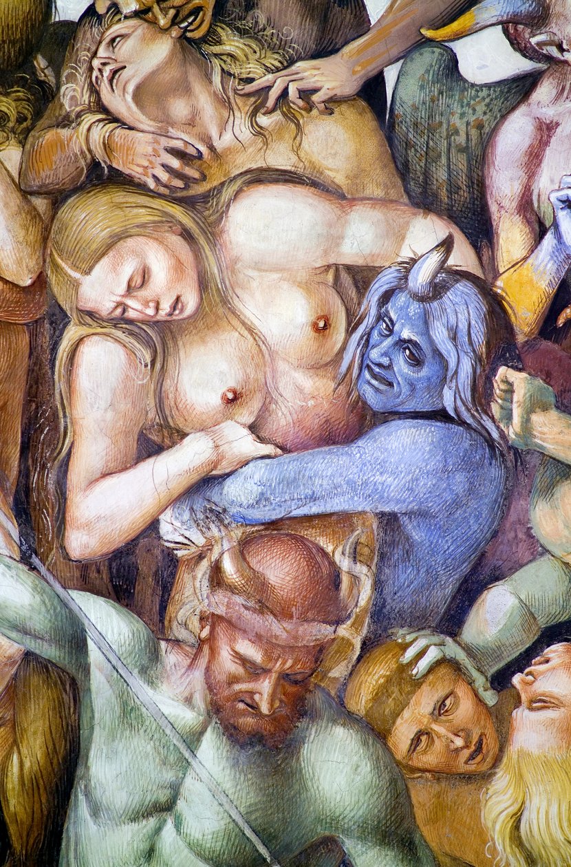 Forbannet i helvete, detalj med selvportrett av Luca Signorelli i skikkelse av en blå demon, fra freskosyklusen Last Judgment av Luca Signorelli