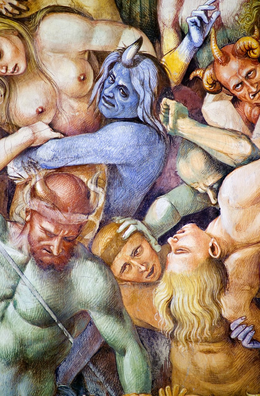 Forbannet i helvete, detalj med selvportrett av Luca Signorelli i skikkelse av en blå demon, fra freskosyklusen Last Judgment av Luca Signorelli