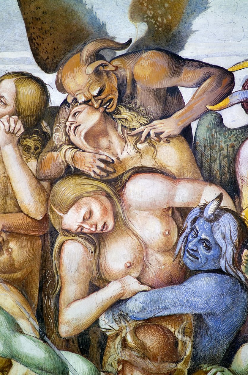 Forbannet i helvete, detalj med selvportrett av Luca Signorelli i skikkelse av en blå demon, fra freskosyklusen Last Judgment av Luca Signorelli