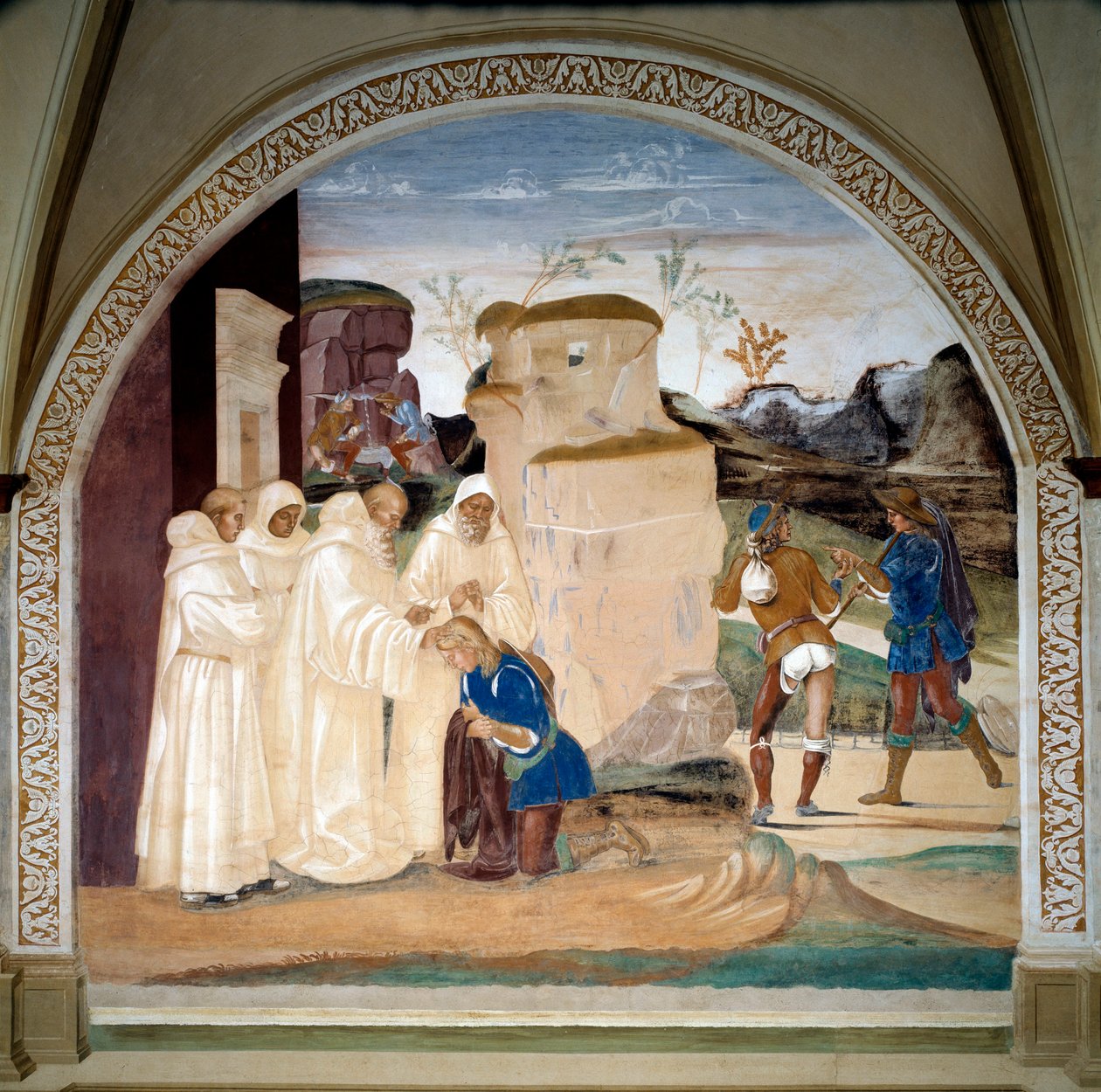 Life of Saint Benedict of Nursie (ca. 480-547): “” Benedict formaner broren til munken Valerian som har brutt sin faste” (Hvordan Benedict formaner broren til munken Valerian som har brutt sin faste) Klosterfreskomaleri laget av Luca Signorelli (ca. 1445-1 av Luca Signorelli