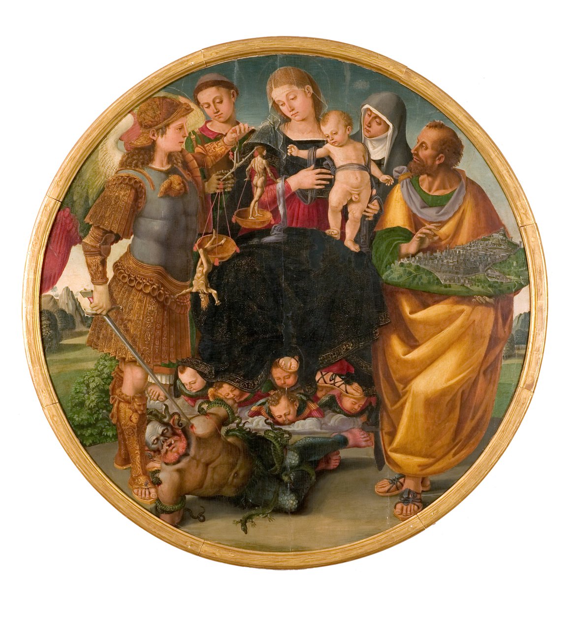 Madonna og barn mellom de hellige Tondo Signorelli, 1510-1515. av Luca Signorelli