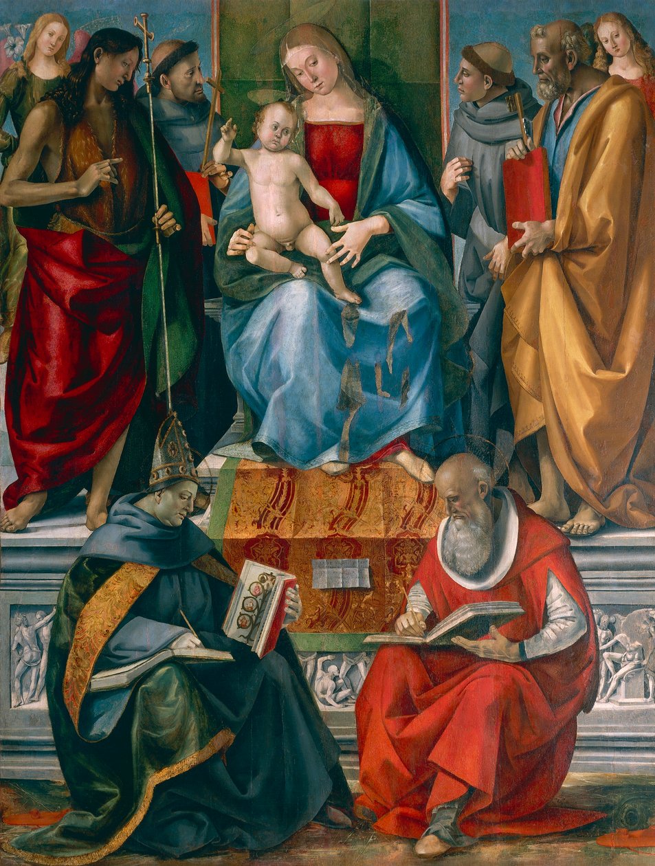 Madonna og barn med døperen Johannes, Frans av Assisi, Antonius av Padua, Joseph Bonaventure og Hieronymus, av Luca Signorelli (ca 1445-1523) av Luca Signorelli