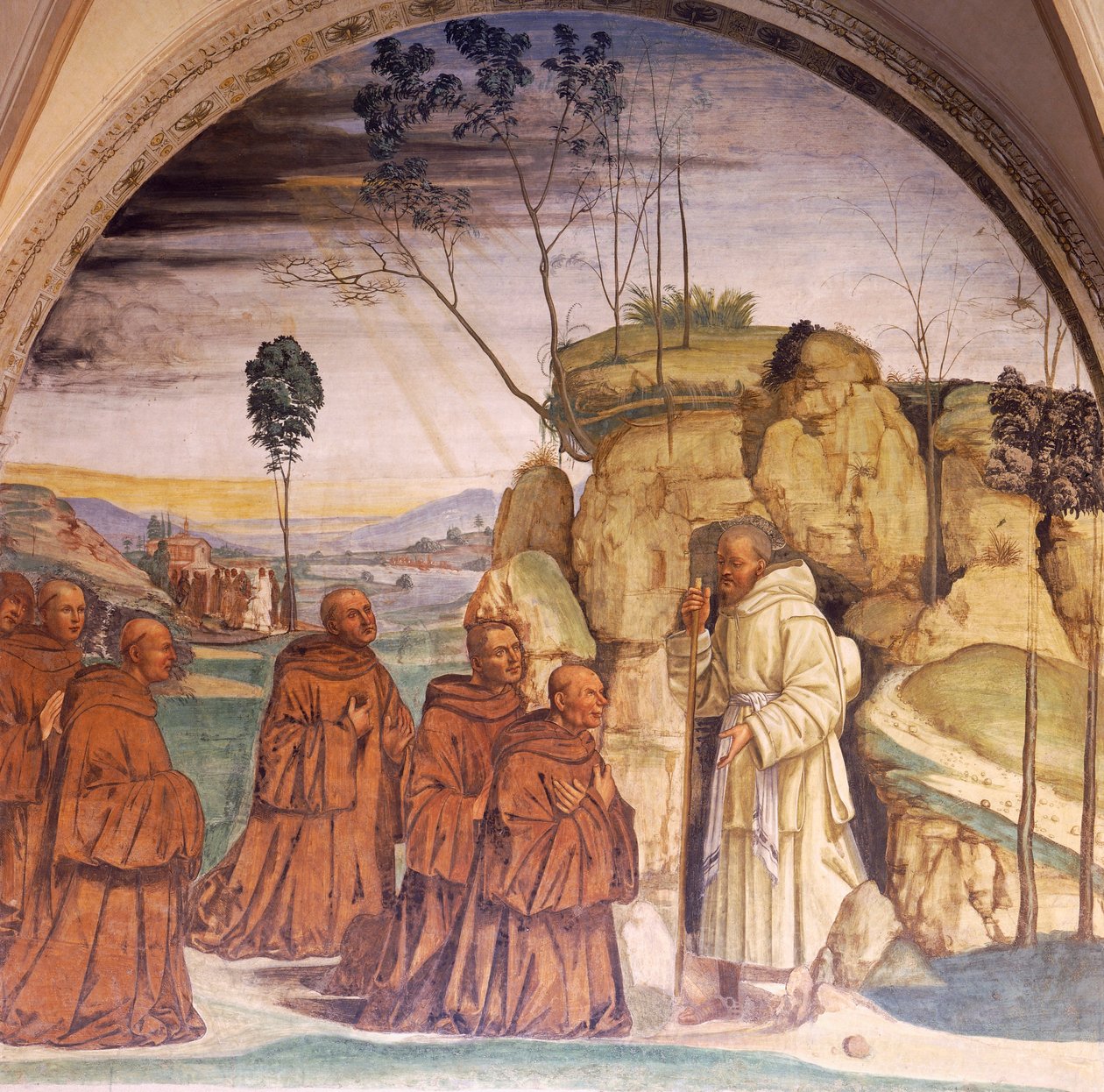 Historier om St. Benedict, fresker av Luca Signorelli (ca. 1445-1523) i klosteret til St. Benedikt ved Monte Oliveto, Siena, detalj av Luca Signorelli