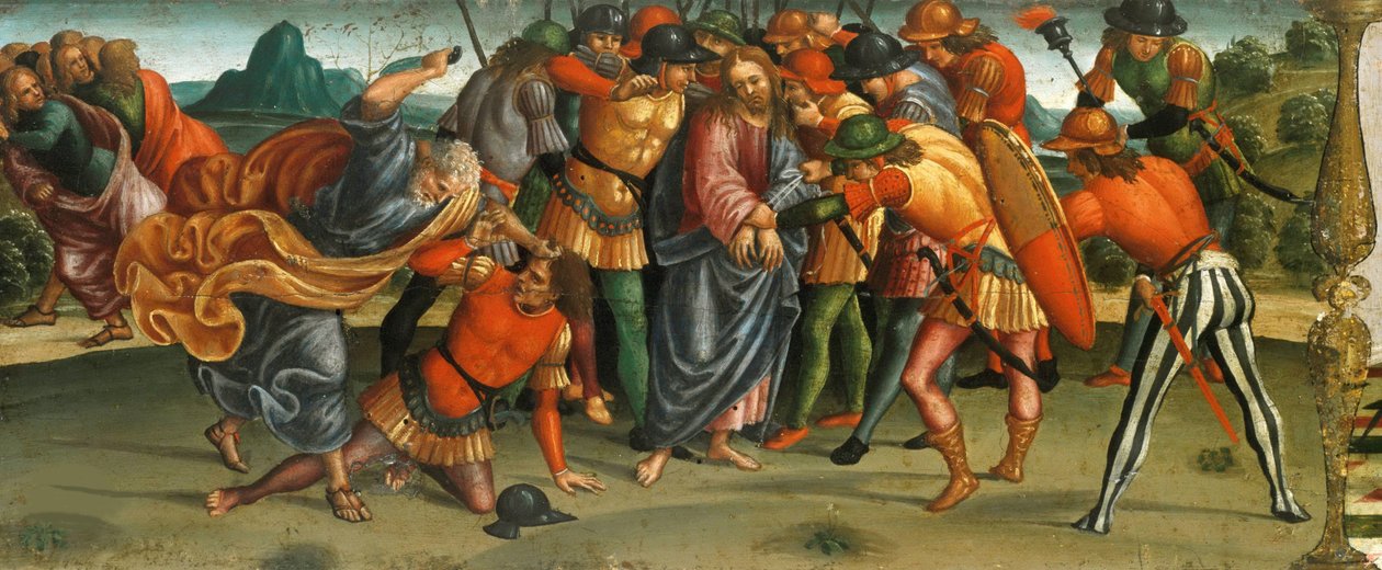 Kristi fangst. Lamentation over the Dead Christ, Predella panel, 1502. av Luca Signorelli