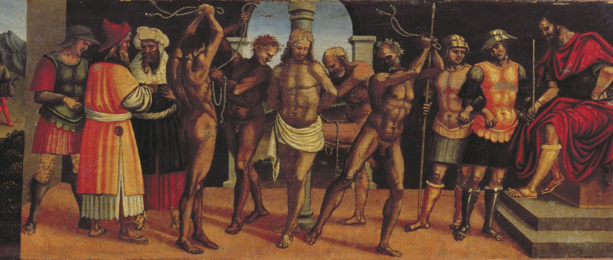 The Flagellation, detalj av predella-panelet fra altertavlen til Treenigheten med Madonna og barn og SS. Augustine og Anastasius panel av Luca Signorelli