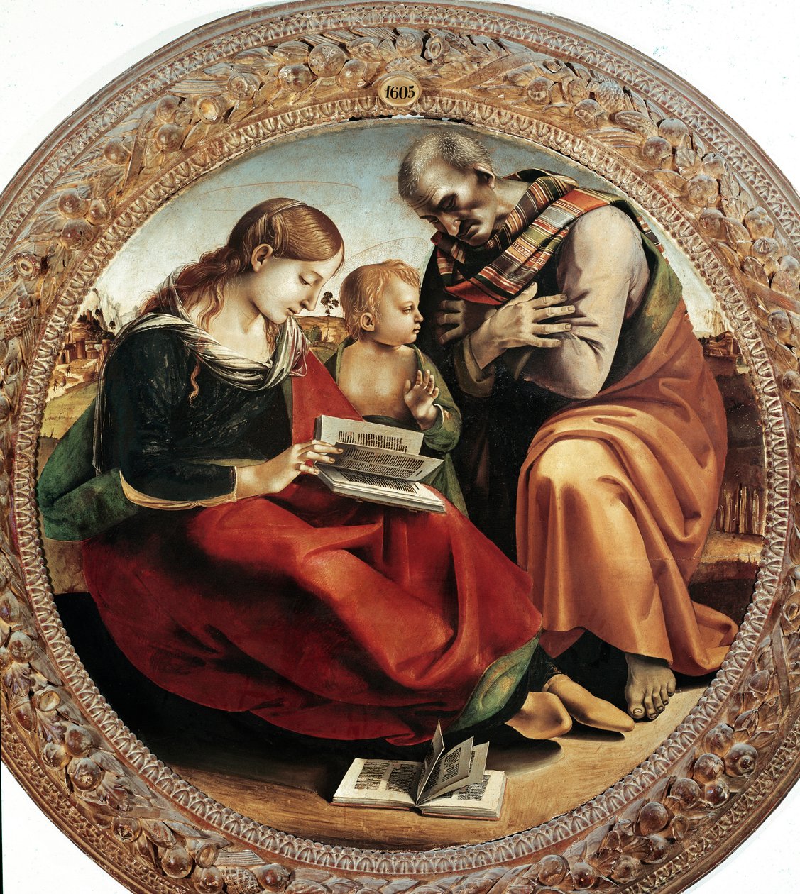 Den hellige familie. Maleri av Luca Signorelli (1450-1523), cirka 1495. Tondo. Olje på lerret. Diameter: 124 cm. Firenze, Uffizi-galleriet (Firenze, Uffizi-museet) av Luca Signorelli