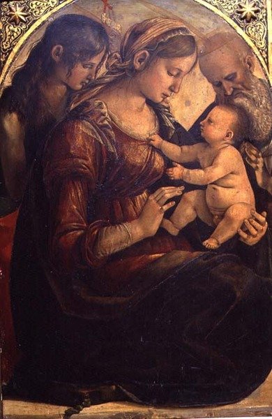 Den hellige familie med døperen Johannes (olje på panel) av Luca Signorelli