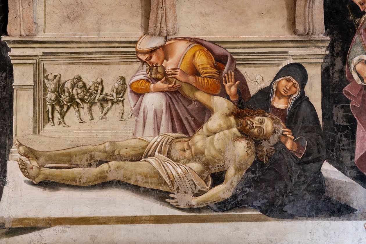 Interiøret, Chapel Nova eller Chapel of St. Brizio, Chapel of the Holy Body: "Lamentation of the Dead Christ" mellom de to helgenene i Orvieto (S. Parenzo til høyre og S. Faustino til venstre), av Luca Signorelli av Luca Signorelli
