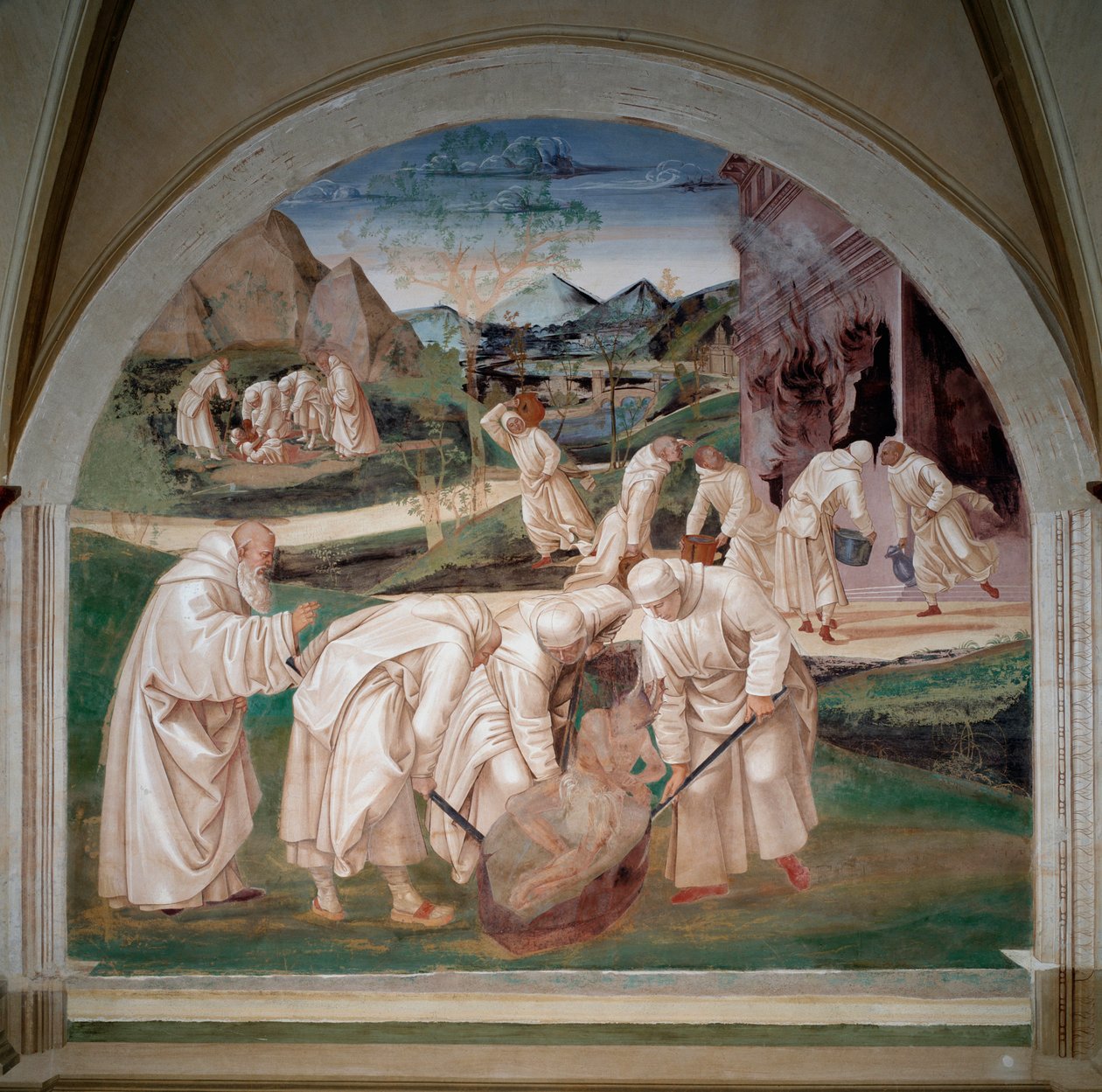 Problemene med installasjoner av munkene i Monte cassino, Saint Benedict tar bort en demon fra en stein, i bakgrunnen finner munkene et idol i bakken, en annen gruppe kjemper mot ild (Fresco av Luca Signorelli