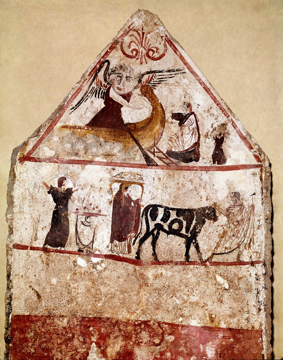 En okse leder på alteret til offerfresken fra det 4. århundre f.Kr., fra nekropolisen Andriuolo i Paestum, Italia. Museo nazionale archeologico, Paestum av Lucanian School