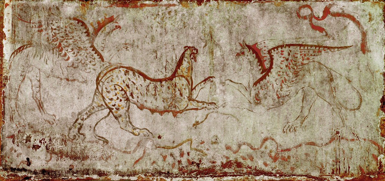 En kamp mellom en panter og en griffon Lucanian freske fra det 4. århundre f.Kr., fra graven til Rytteren, nekropolis i Paestum, Italia. Museo nazionale archeologico, Paestum av Lucanian School