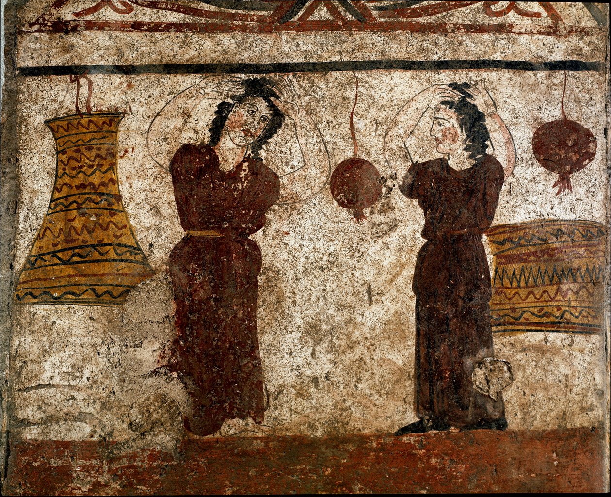En gruppe dansere under en begravelsesrite Lucanian fresco fra det 4. århundre f.Kr., fra nekropolisen i Paestum, Italia. Museo nazionale archeologico, Paestum av Lucanian School