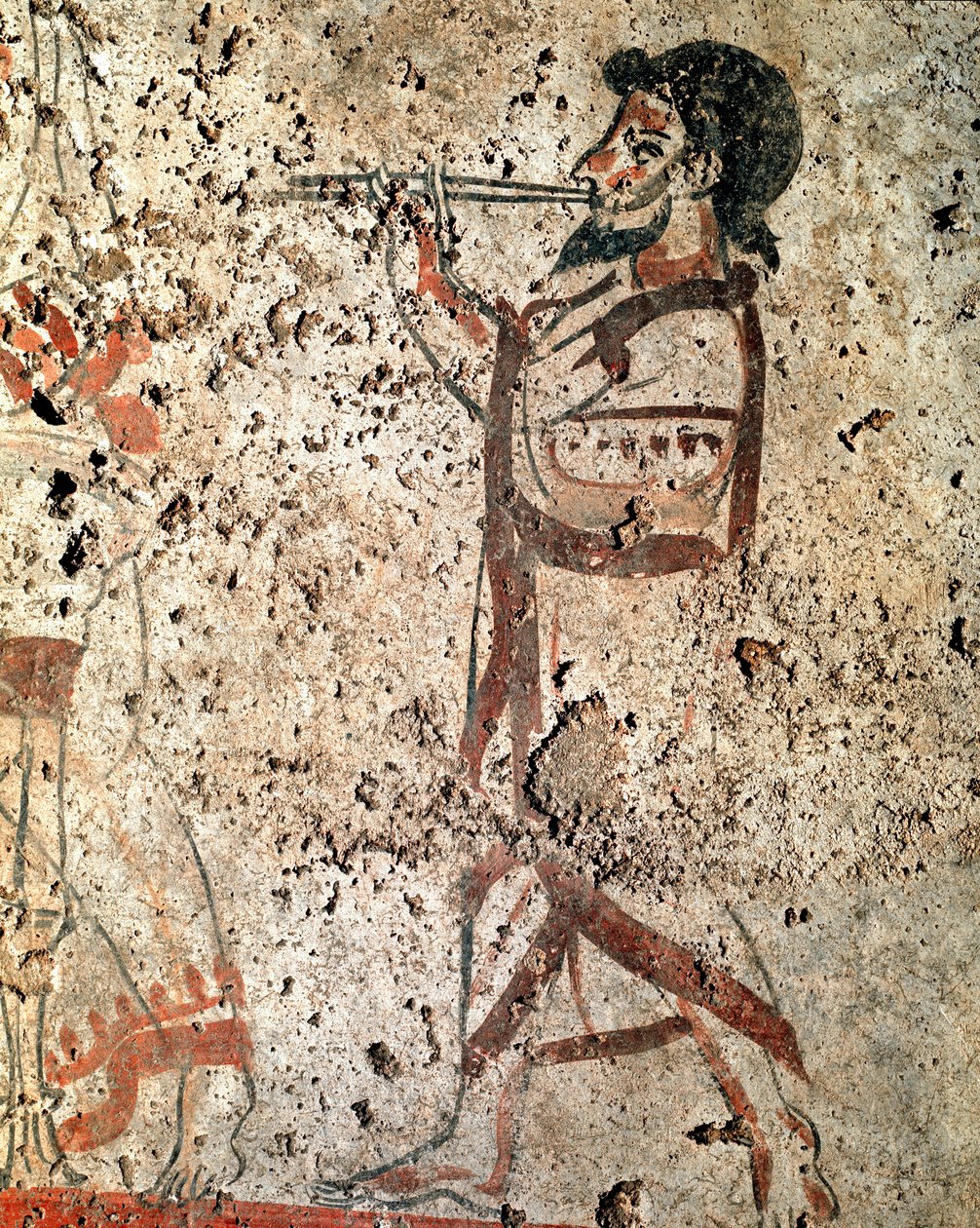 En musiker som spiller på fløyten Lucanian fresco fra det 4. århundre f.Kr., fra nekropolisen i Paestum, Italia. Museo nazionale archeologico, Paestum av Lucanian School
