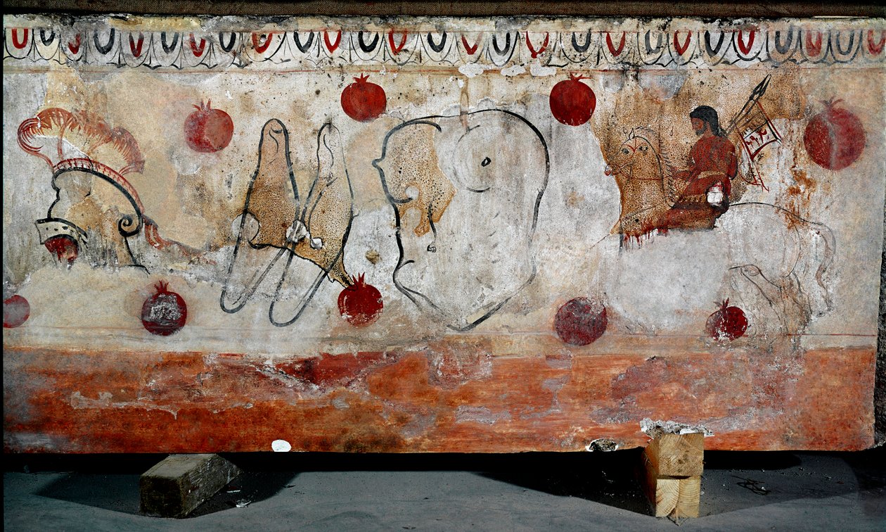 En rytter og de forskjellige elementene i rustningen hans Lucanian fresco fra det 4. århundre f.Kr., fra nekropolis i Paestum, Italia. Museo nazionale archeologico, Paestum av Lucanian School