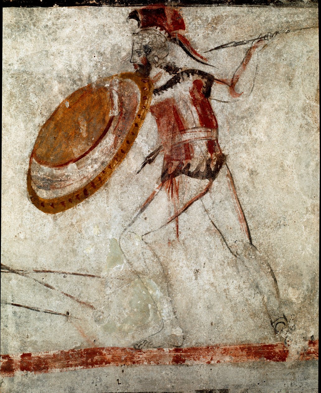 En kriger med et spyd og et skjold Lucanian fresco fra det 4. århundre f.Kr., fra Tomb of the Horseman, stedet i Paestum, Italia. Museo nazionale archeologico, Paestum av Lucanian School