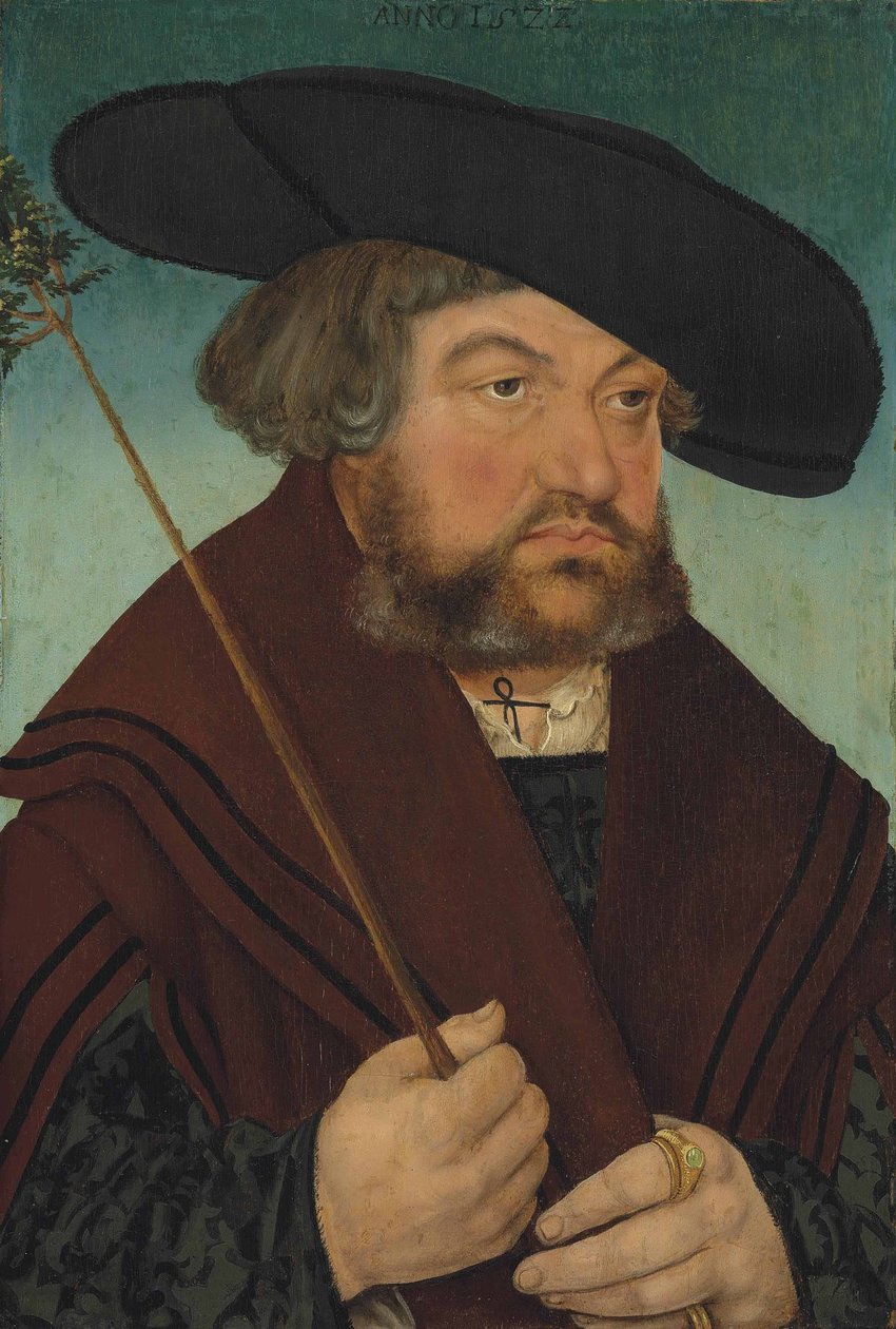 Portrett av en mann i en svart dublett og brun kappe, som holder en gren av Lucas Cranach the Elder