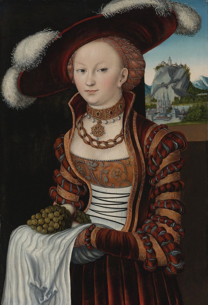 Portrett av en ung kvinne som holder druer og epler av Lucas Cranach the Elder