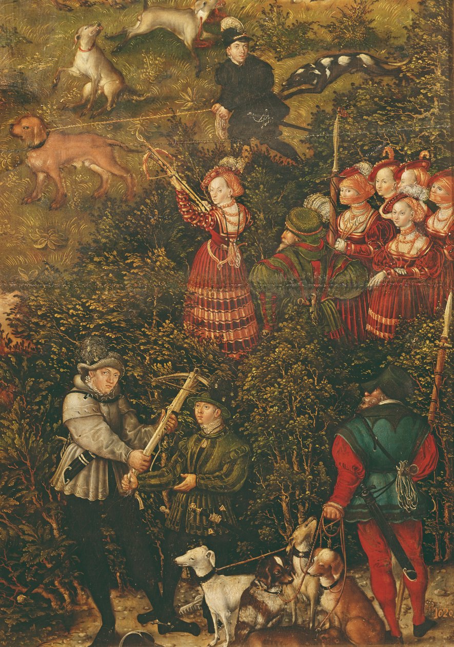 Kurfyrsten Sybille av Sachsen forbereder seg på å skyte med armbrøsten på jakten til ære for keiser Charles V nær Hartenfels slott, Torgau, 1544 (se også 38682, 498129,498131 og 7 av Lucas Cranach the Elder