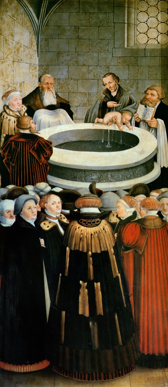 Triptych, venstre panel, Philipp Melanchthon utfører en dåp assistert av Martin Luther; midtpanelet, nattverden med Luther blant apostlene; høyre panel, Luther avgir sin bekjennelse; Luther av Lucas Cranach the Elder