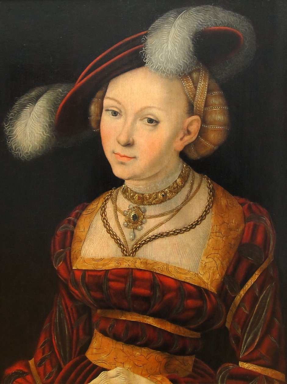 Kvinne halvfigur med fjærhatt av Lucas Cranach the Elder
