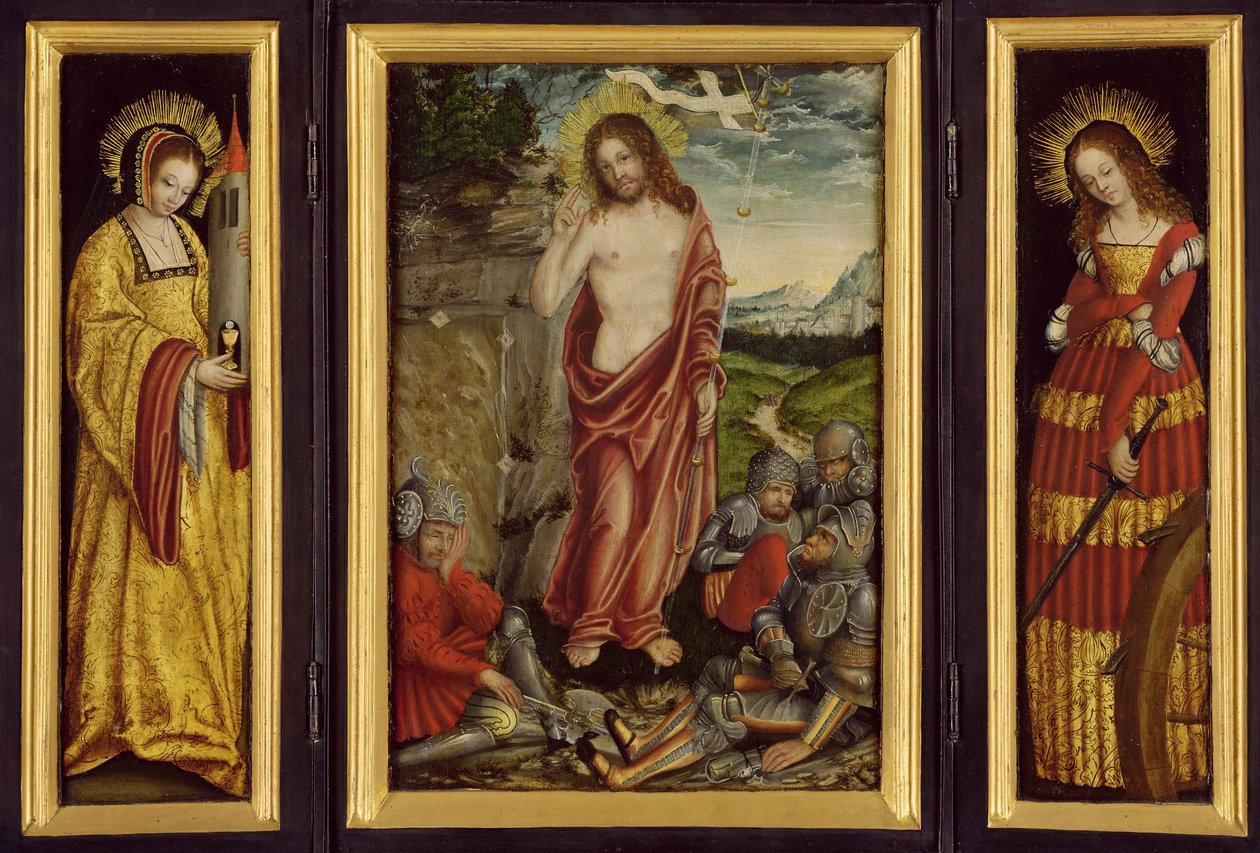 Lite bevinget alter med Kristi oppstandelse, St. Barbara (venstre ving) og St. Catharine (høyre ving), 1508-10 av Lucas Cranach the Elder