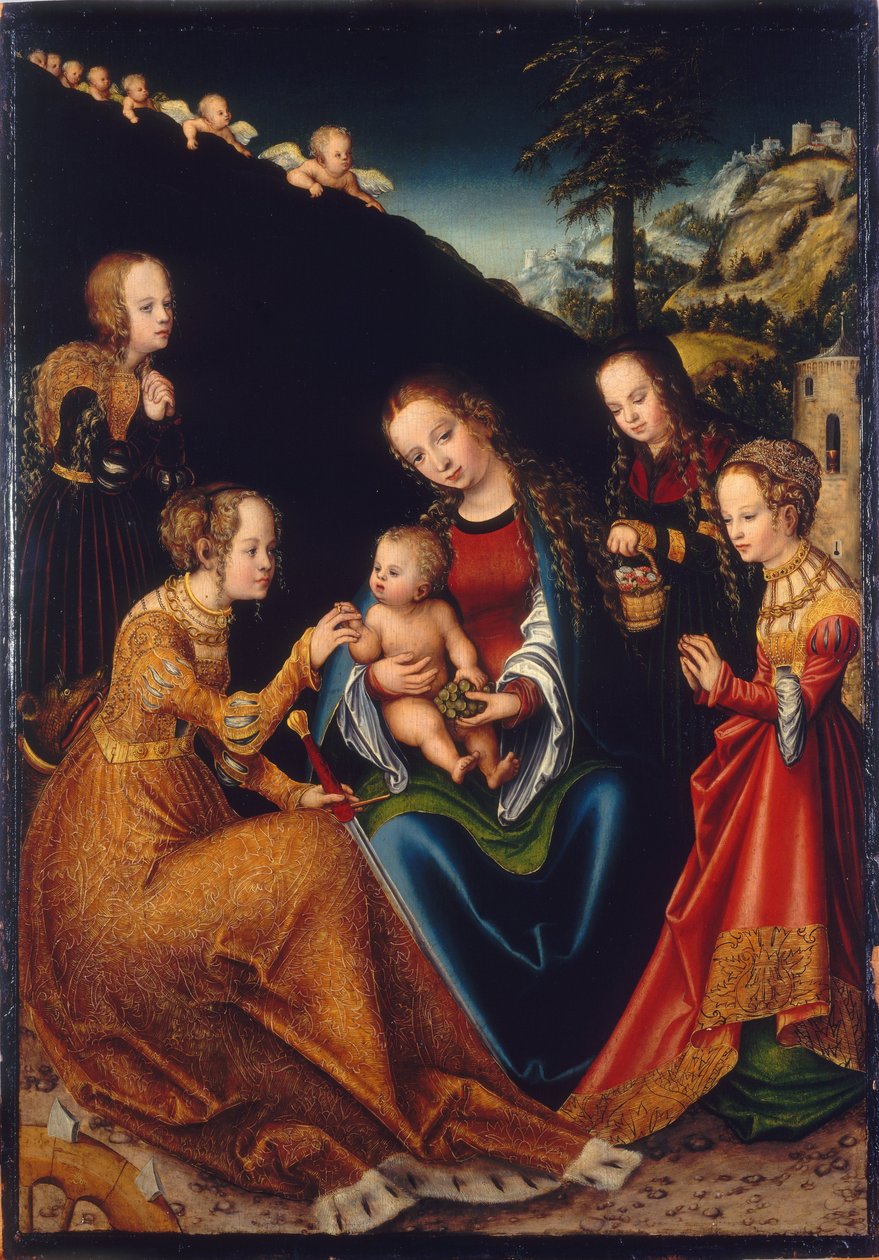 Det mystiske ekteskapet til Saint Catherine of Alexandria med de hellige Dorothy, Margaret og Barbara av Lucas Cranach the Elder
