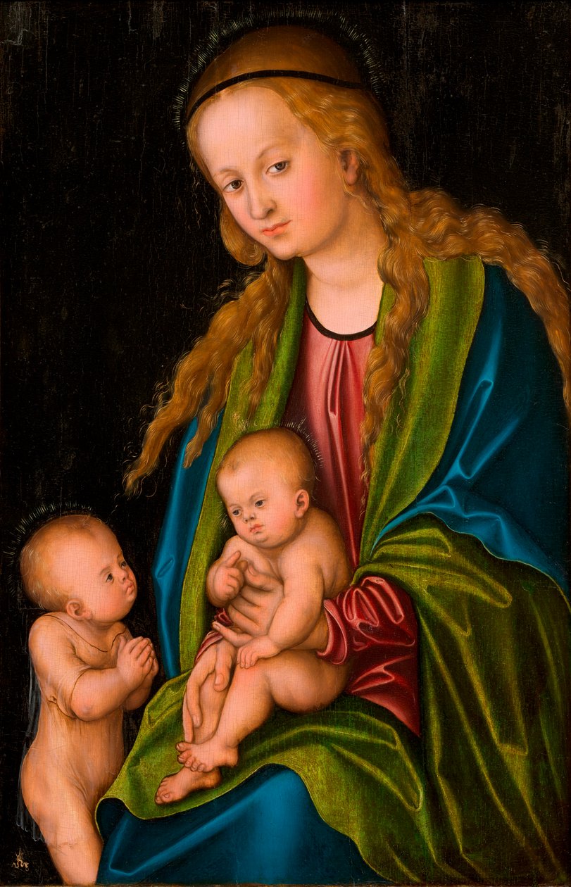 Madonna/Jomfru og barn med spedbarnet Johannes døperen av Lucas Cranach the Elder