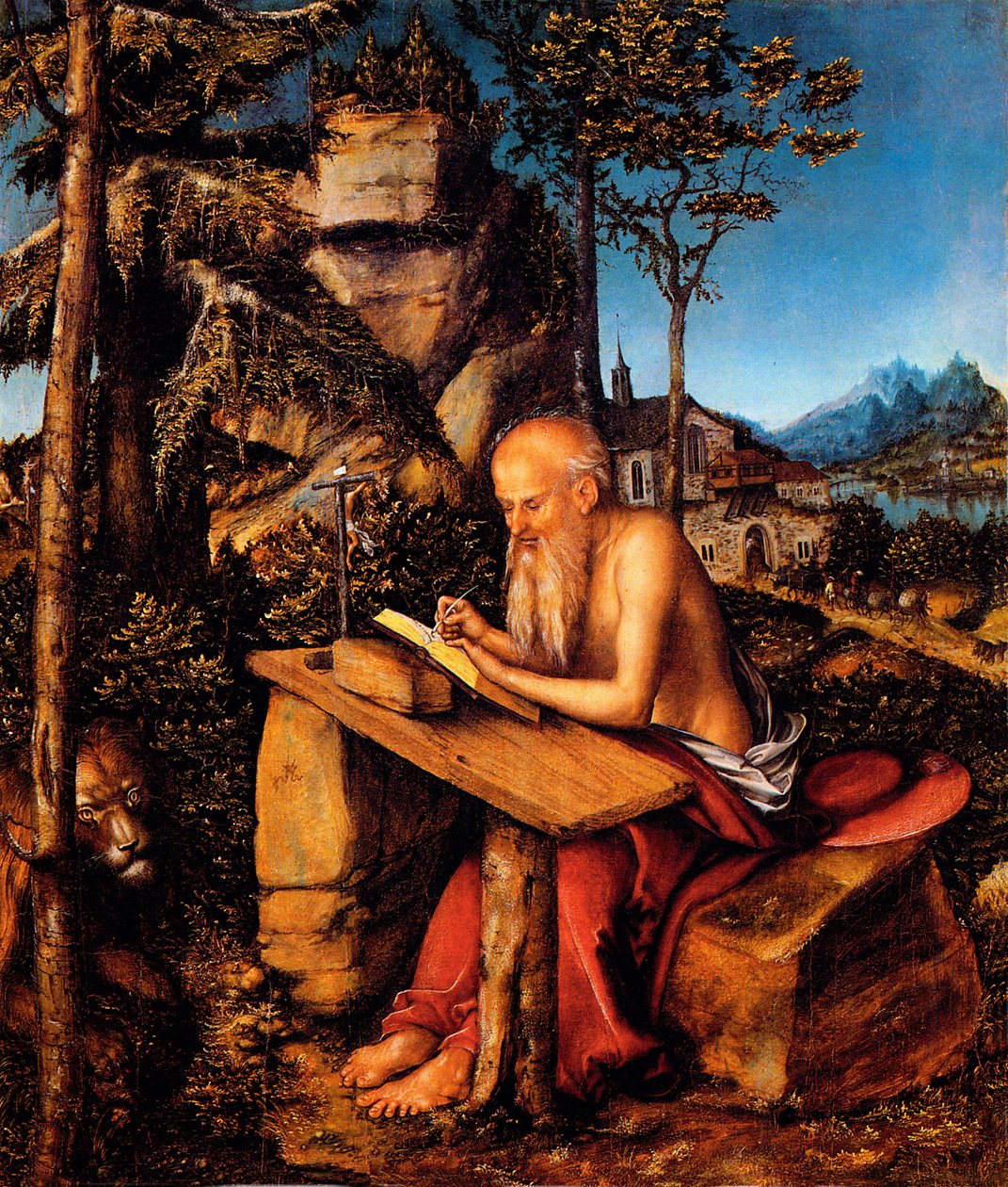 Saint Jerome i villmarken / Saint Jerome skriver i et landskap av Lucas Cranach the Elder