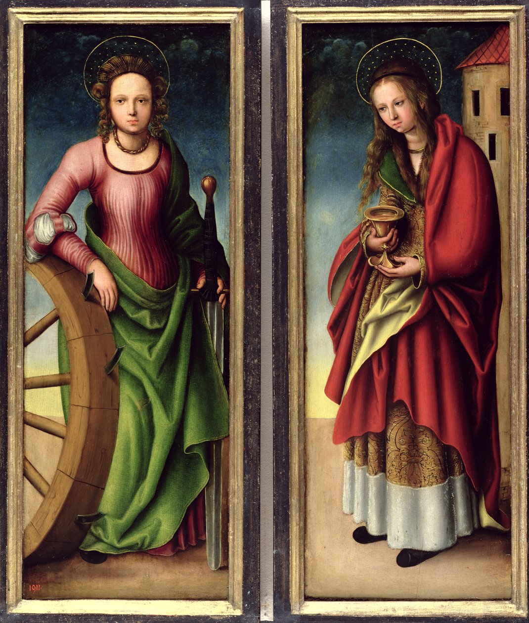 St. Catherine og St. Barbara, 1510 av Lucas studio of Cranach