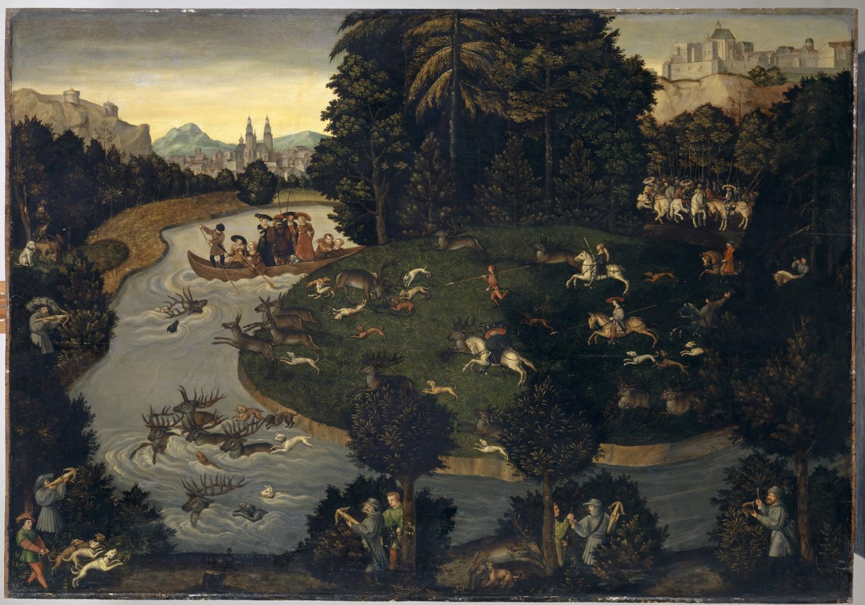 Deer Hunt of Frederick The Wise med keiser Maximilian I, ca.1600 av Lucas Cranach the Elder