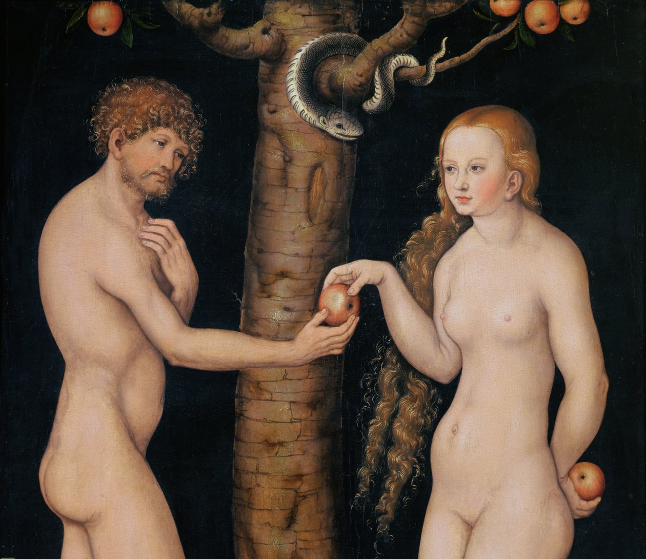 Eva ofrer eplet til Adam i Edens hage, ca. 1520-25 olje på tre detalj av 407328 av Lucas Cranach the Elder