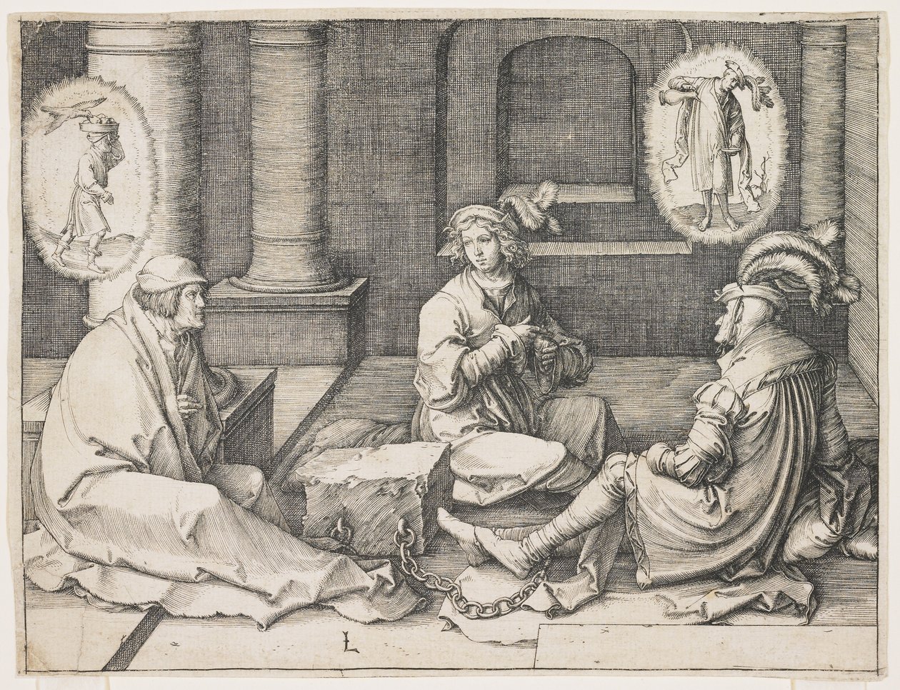 Joseph tolker drømmene i fengselet, 1512 av Lucas van Leyden