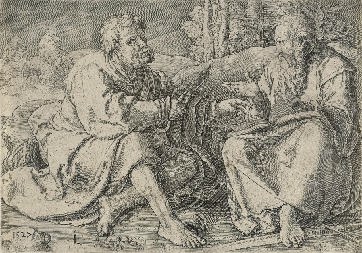 St. Peter og St. Paul i et landskap, ca. 1527 (gravering på lagt papir) av Lucas van Leyden