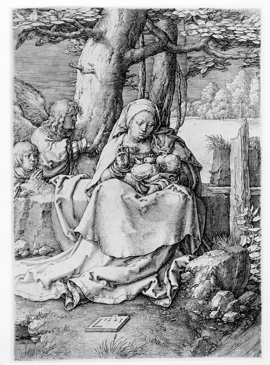 Jomfruen og barnet i et landskap, 1523 av Lucas van Leyden