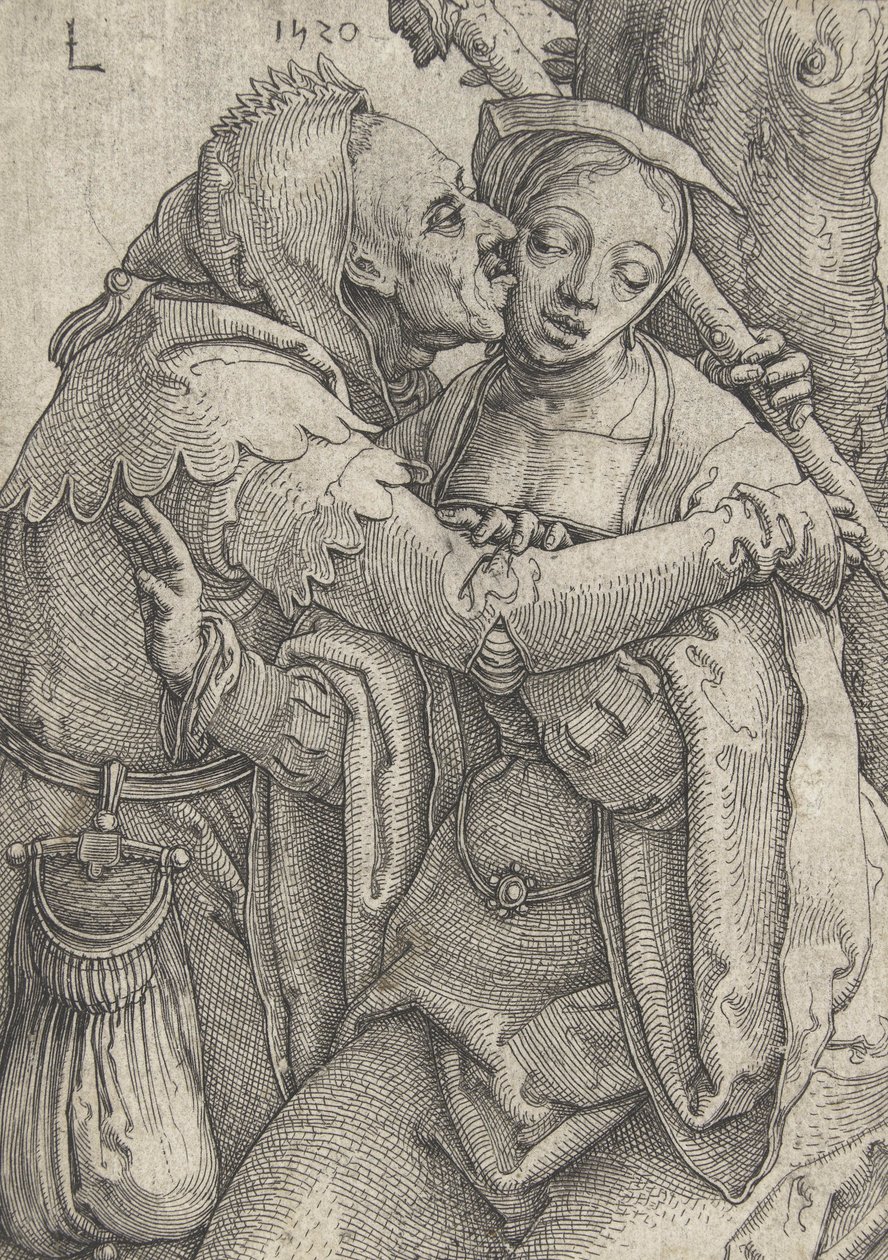 Spøkeren og den unge kvinnen, 1520 av Lucas van Leyden