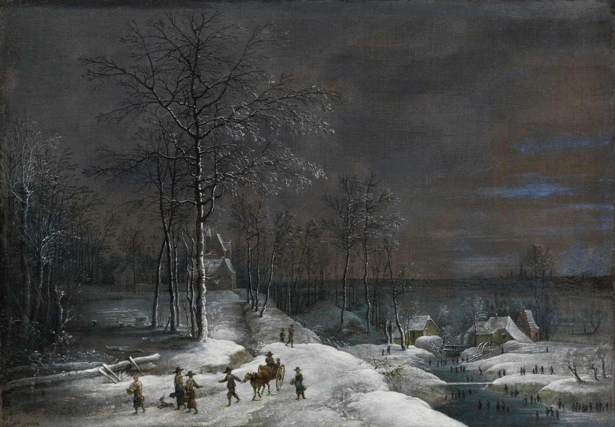Vinterlandskap med en snødekt vannmølle og figurstab av Lucas van Uden
