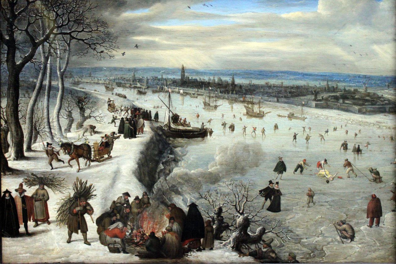 Utsikt over Antwerpen med den frosne Scheldt av Lucas van Valckenborch