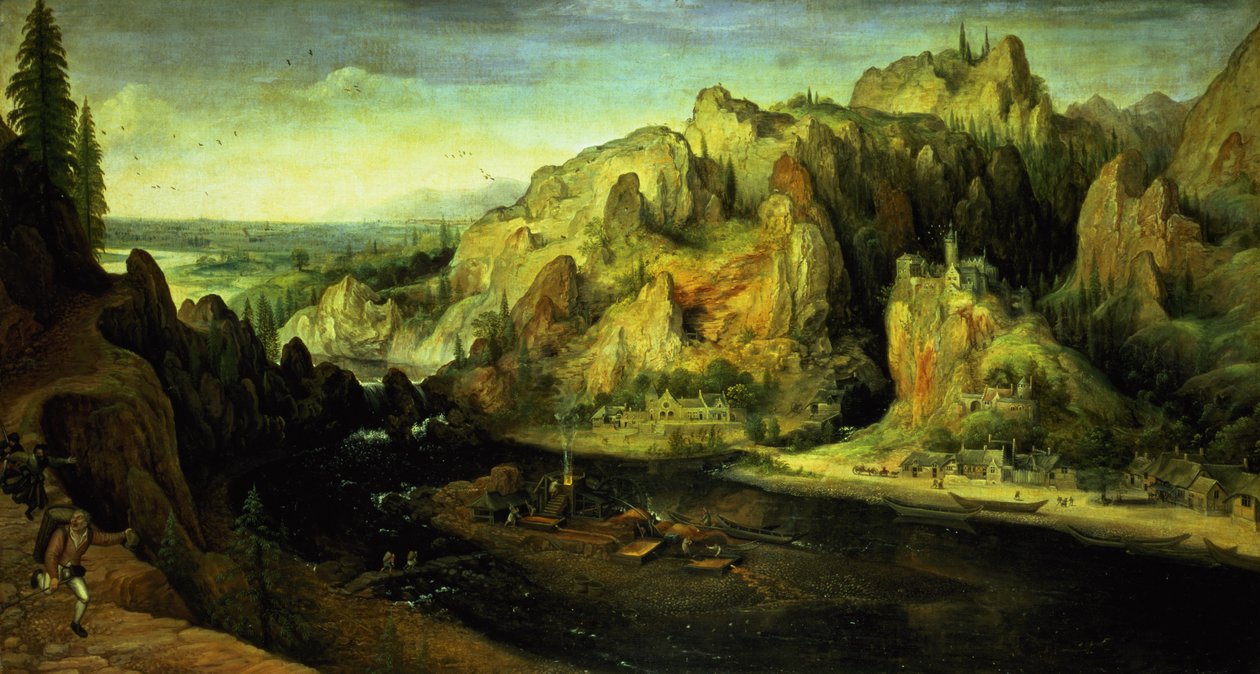 Fjelllandskap med et overraskelsesangrep, ca. 1585 av Lucas van Valckenborch