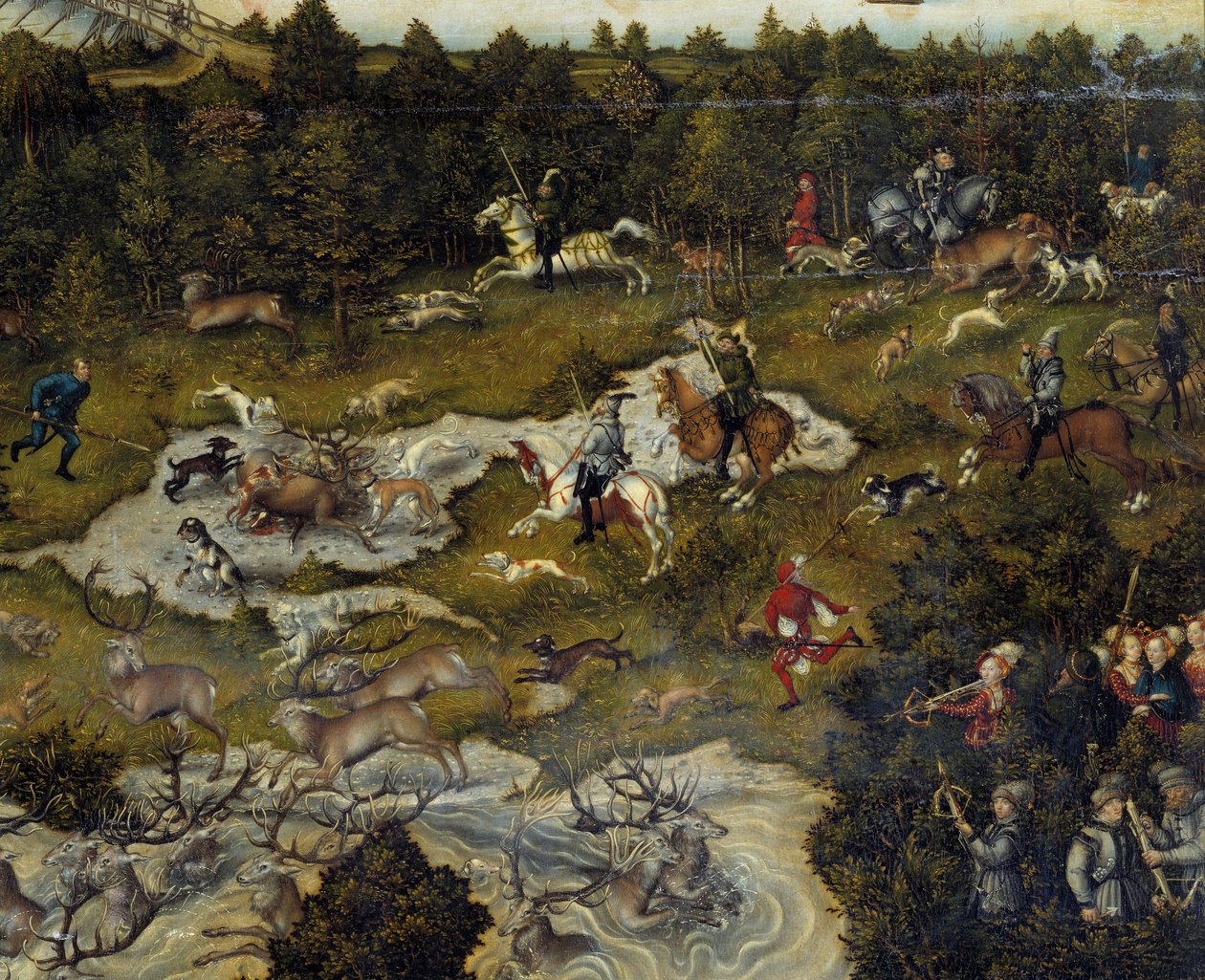 Jakt til ære for Karl V på Torgau slott i Tyskland Jakt på hjort. Detalj. Maleri av Lucas Cranach den eldre av Lucas Cranach