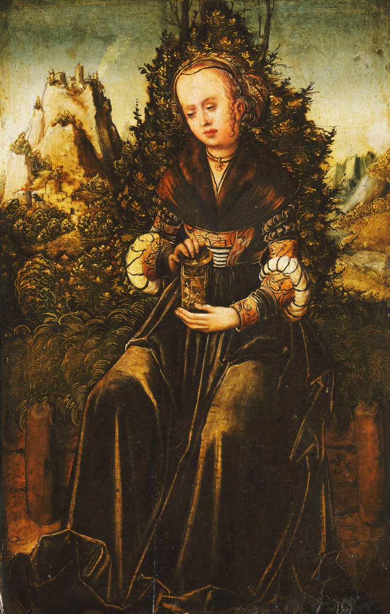 Saint Mary Magdalen sitter på en gresskant i et fjellrike landskap, av Lucas Cranach