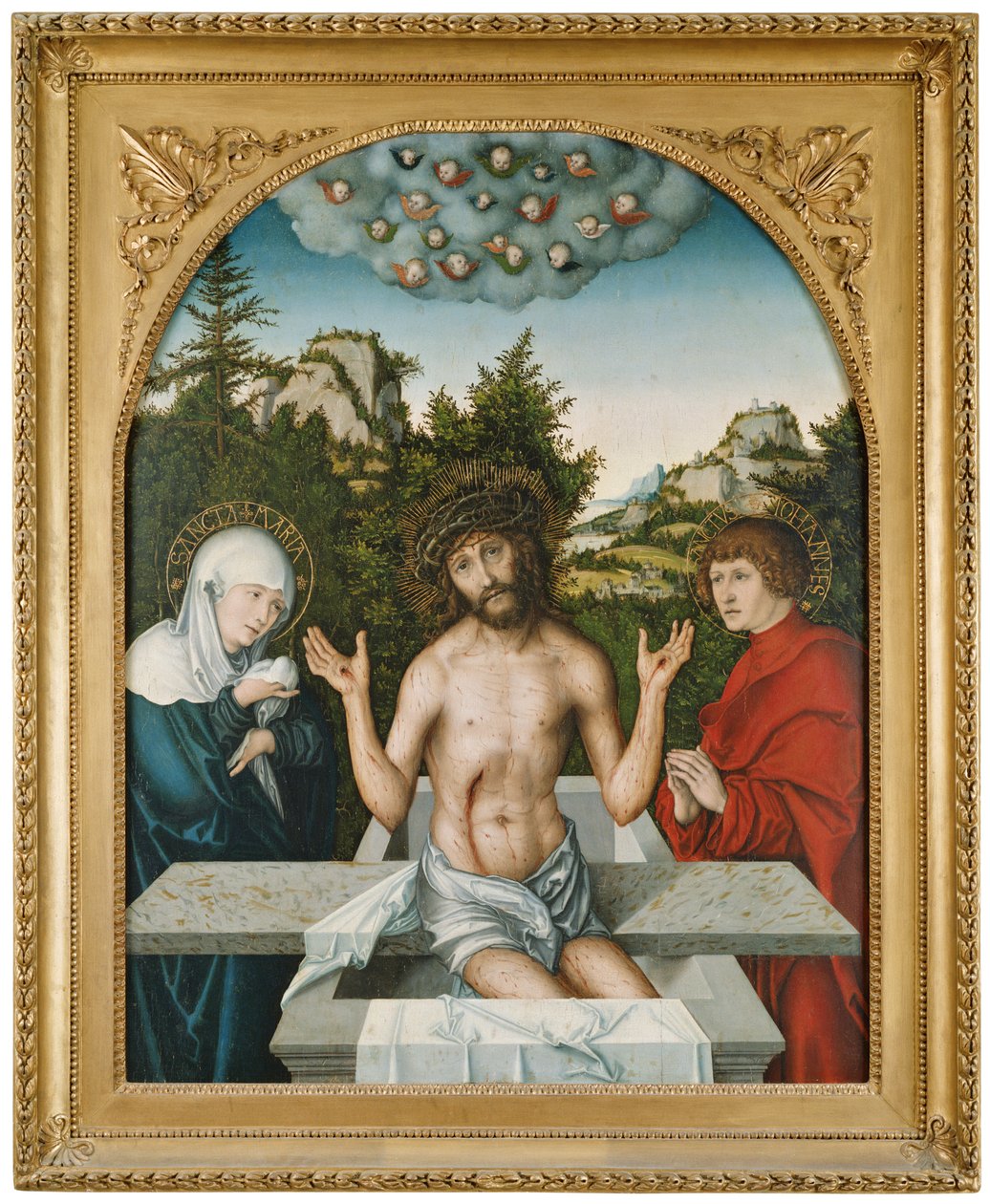Schmerzensmann zwischen Maria und hl. Johannes av Lucas Cranach