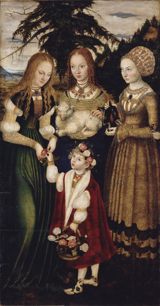 Altertavle med Saint Catharines martyrium, venstre fløy: De hellige Dorothea, Agnes og Cunigund av Lucas Cranach the Elder