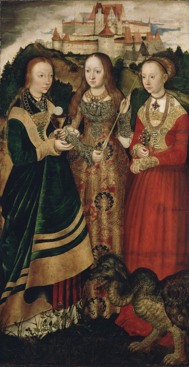 Altertavle med Saint Catharines martyrium, høyre fløy: Den hellige Barbara, Ursula og Margaret av Lucas Cranach the Elder