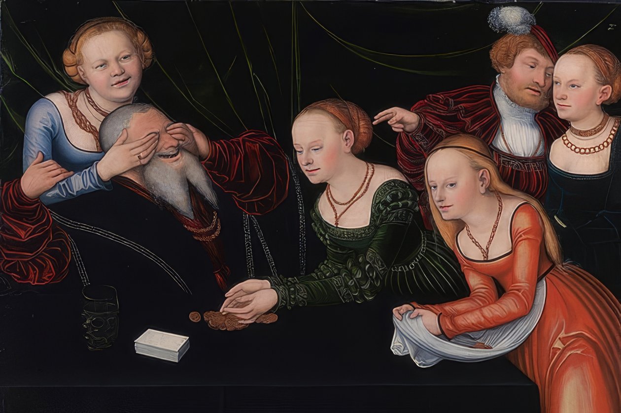Gammel mann forhekset av kurtisaner. Rundt 1537 av Lucas Cranach the Elder