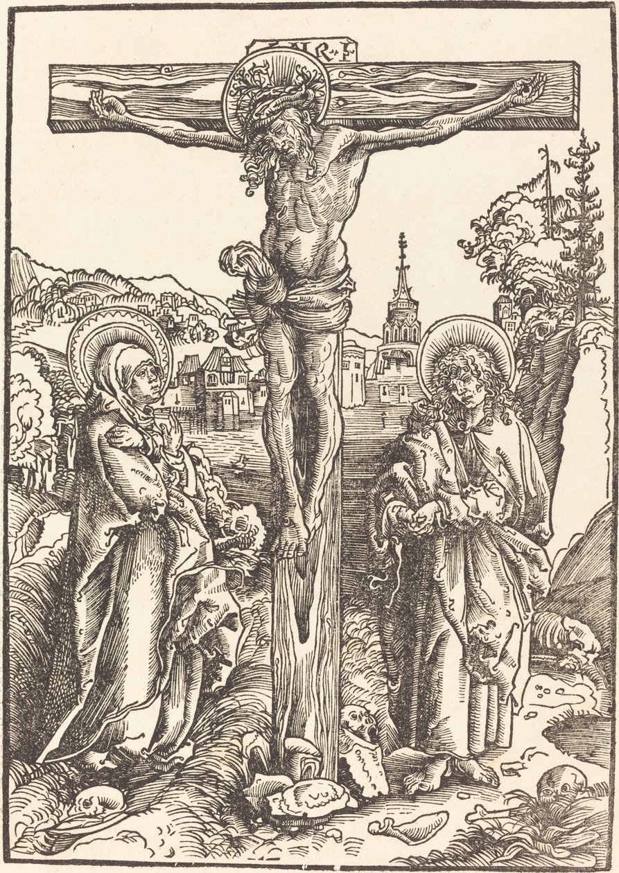 Kristus på korset mellom jomfruen og den hellige Johannes av Lucas Cranach the Elder