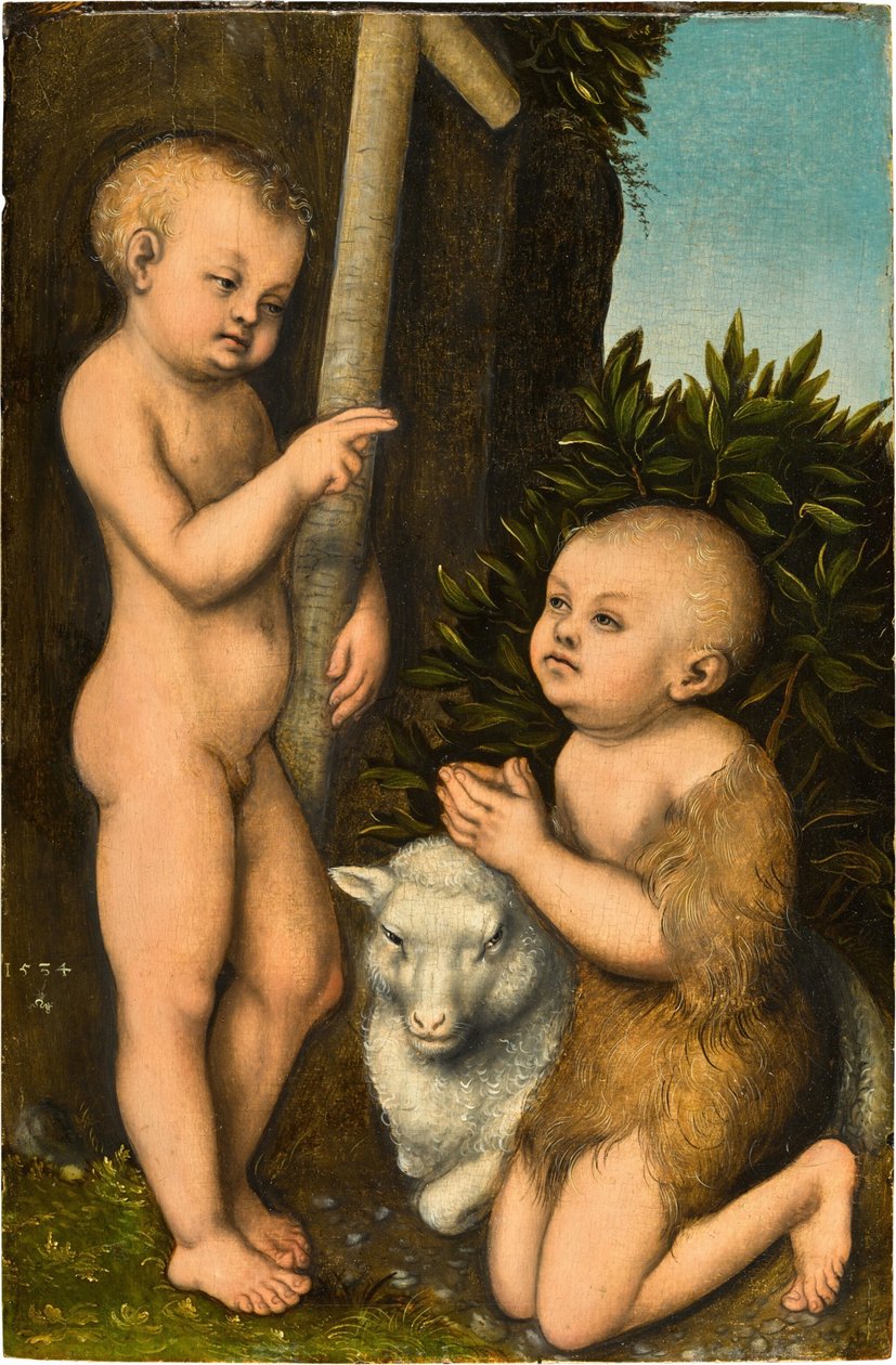 Norsk: Den unge Kristus og gutten Johannes som tilber ham / Kristus og døperen Johannes som gutter Den unge Kristus tilbedt av døperen Johannes av Lucas Cranach the Elder