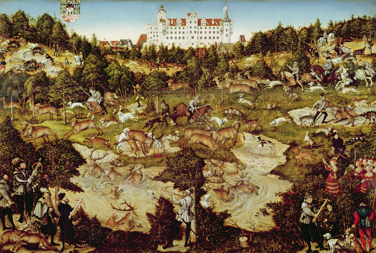 Jakt til ære for keiseren Charles V nær Hartenfels slott, Torgau, 1544 (se også 498131, 72409 og 498129) av Lucas Cranach the Elder