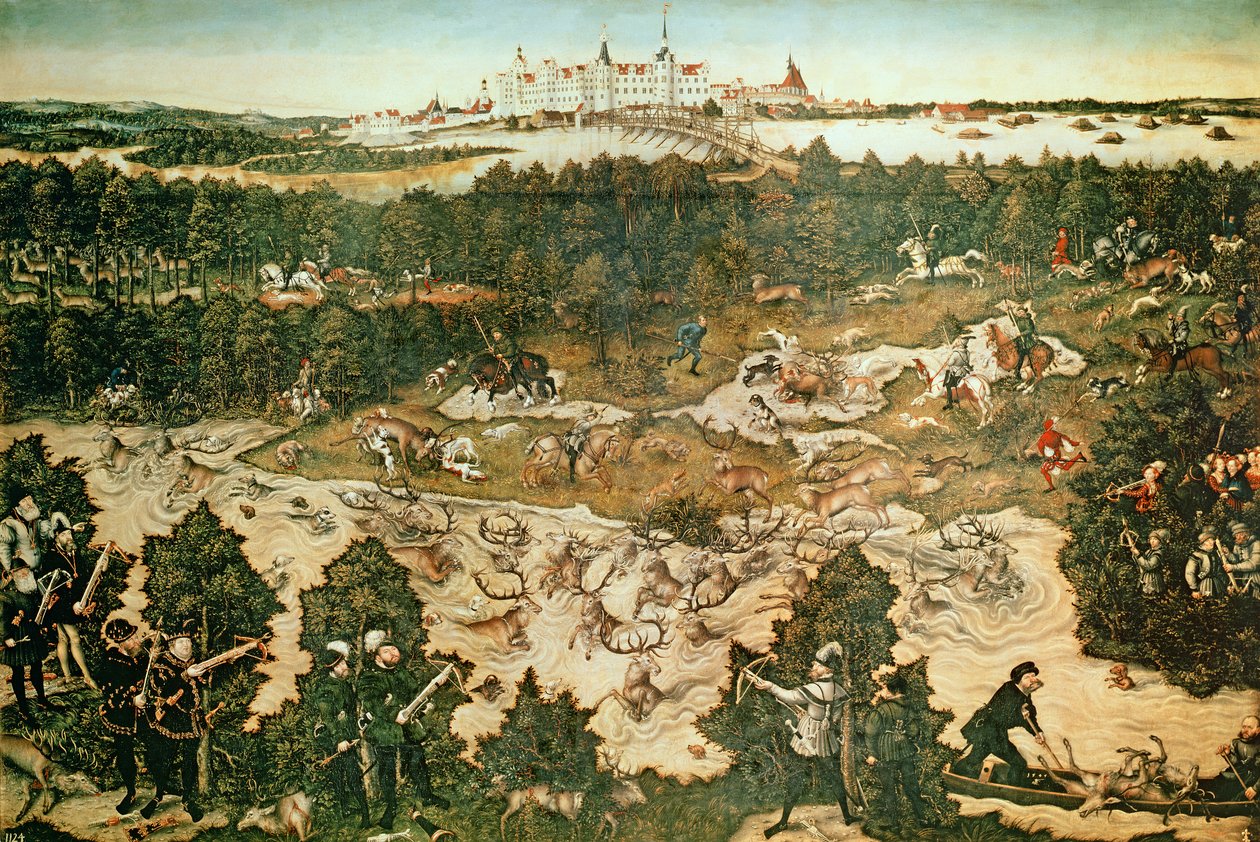 Jakt til ære for keiseren Charles V nær Hartenfels slott, Torgau, 1544 (se også 38682, 72409 og 498129) av Lucas Cranach the Elder